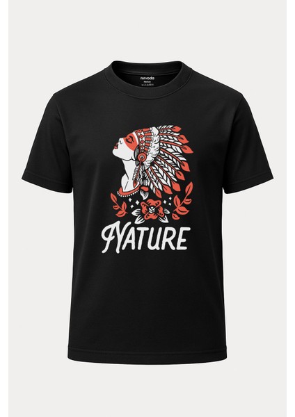 Apaçi Hintli Kadın Baskılı Loose Fit Bisiklet Yaka Unisex Tişört Siyah