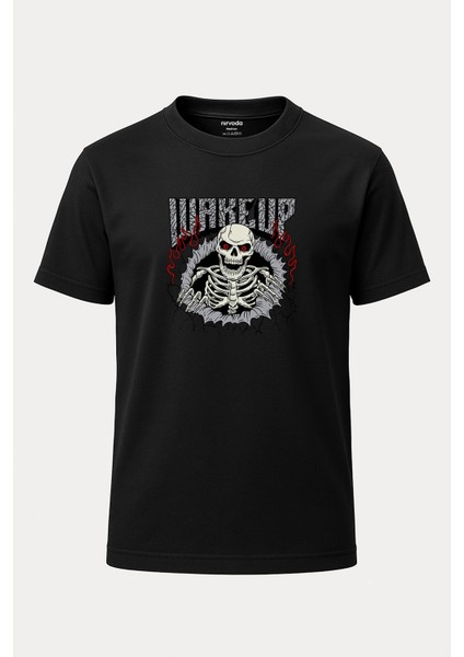 Wake Up Iskelet Baskılı Loose Fit Bisiklet Yaka Unisex Tişört