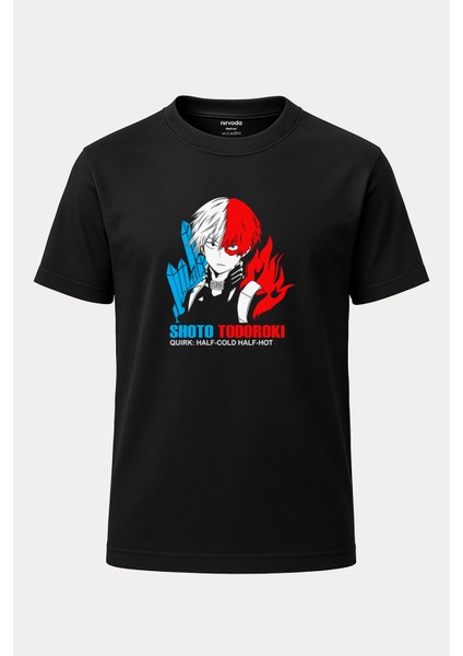 Shoto Todoroki My Hero Academia Baskılı Loose Fit Bisiklet Yaka Unisex Tişört Anime Manga Siyah