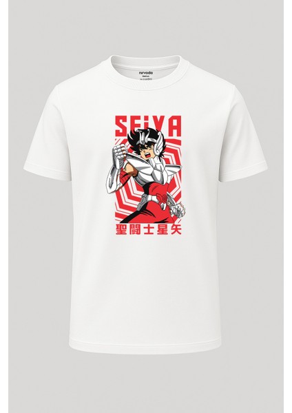 Pegasus Seiya Baskılı Loose Fit Bisiklet Yaka Unisex Tişört Anime Manga