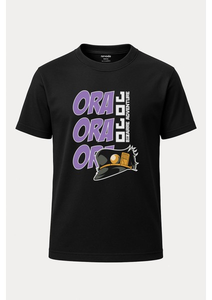Ora Ora Jojo Bizarre Adventure Baskılı Loose Fit Bisiklet Yaka Unisex Tişört Anime Manga Siyah