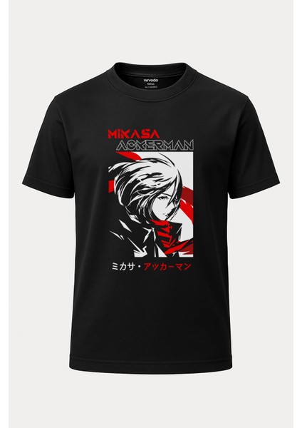 Mikasa Ackerman Attack On Titan Kırmızı Beyaz Baskılı Loose Fit Bisiklet Yaka Unisex Tişört Anime Manga Siyah