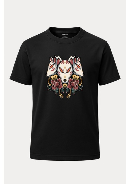 Kitsune Japon Baskılı Loose Fit Bisiklet Yaka Unisex Tişört