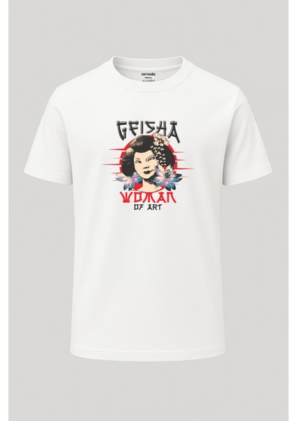 Geisha Tarzı Japon Baskılı Loose Fit Bisiklet Yaka Unisex Tişört
