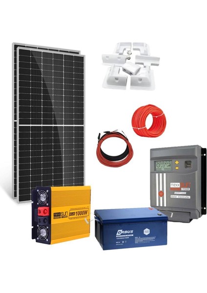 Güneş Enerjisi Karavan Solar Paket – 1kw Tam Inverter + 2x 200W Güneş Paneli +1x 12V 200A Jel Akü