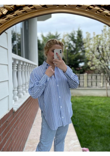 Kadın Düğmeli Çizgili Gömlek Rahat kalıp Gömlek