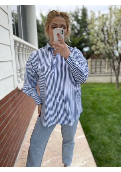 Kadın Düğmeli Çizgili Gömlek Rahat kalıp Gömlek modelleri