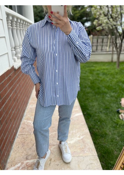Kadın Düğmeli Çizgili Gömlek Rahat kalıp Gömlek fırsatları