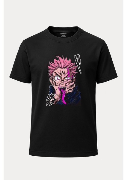 Sukuna Jujutsu Kaisen Çizim Baskılı Loose Fit Bisiklet Yaka Unisex Tişört Anime Manga