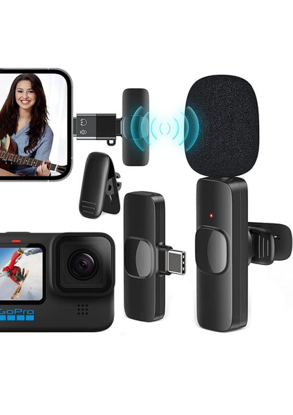 K8 Kablosuz Type-C Vlogger Yaka Mikrofonu (Android, Gopro, Osmo Action, Iphone, Ipad)