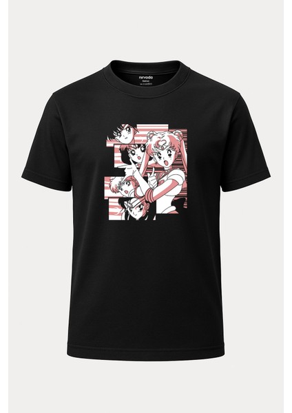 Sailor Moon Baskılı Loose Fit Bisiklet Yaka Unisex Tişört Anime Manga Siyah