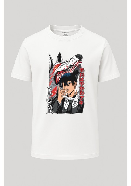 Kon Aki Hayakawa Chainsaw Man Baskılı Loose Fit Bisiklet Yaka Unisex Tişört Anime Manga