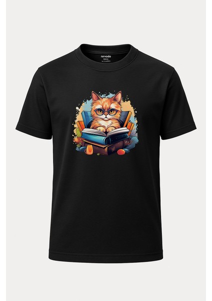 Öğrenci Sarman Sarı Kedi Baskılı Loose Fit Bisiklet Yaka Unisex Tişört Siyah
