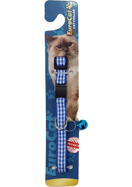 Renkli Ekoseli Çıngıraklı Kedi Boyun Tasması Mavi Dpmah