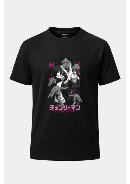 Himeno Chainsaw Man Baskılı Loose Fit Bisiklet Yaka Unisex Tişört Anime Manga Siyah