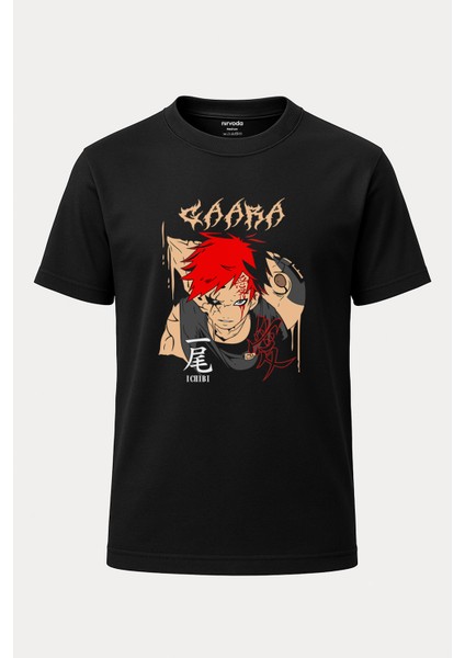 Gaara Naruto Baskılı Loose Fit Bisiklet Yaka Unisex Tişört Anime Manga Siyah