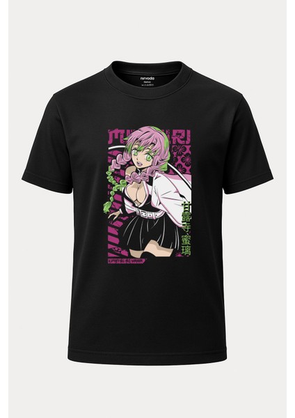 Demon Slayer Mitsuri Baskılı Loose Fit Bisiklet Yaka Unisex Tişört Anime Manga Siyah
