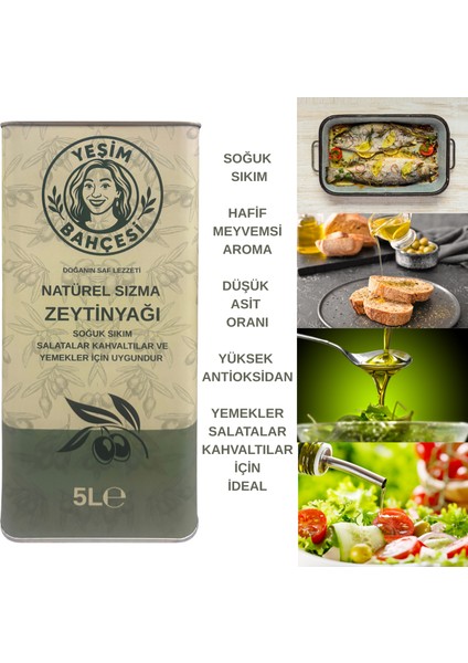 Natürel Sızma Zeytinyağı 5 lt | Soğuk Sıkım, Polifenol Zengini, Doğal ve Katıksız, Gemlik Bölgesi | Yemek, Salata ve Kahvaltı Için Ideal