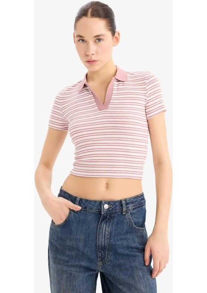 Yeni Sezon Fitted Polo Yaka Çizgili Fitilli Kaşkorse Kısa Kollu Tişört modelleri