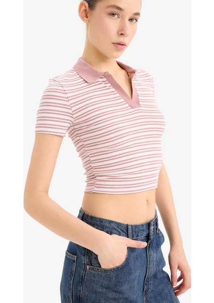 Yeni Sezon Fitted Polo Yaka Çizgili Fitilli Kaşkorse Kısa Kollu Tişört fırsatları