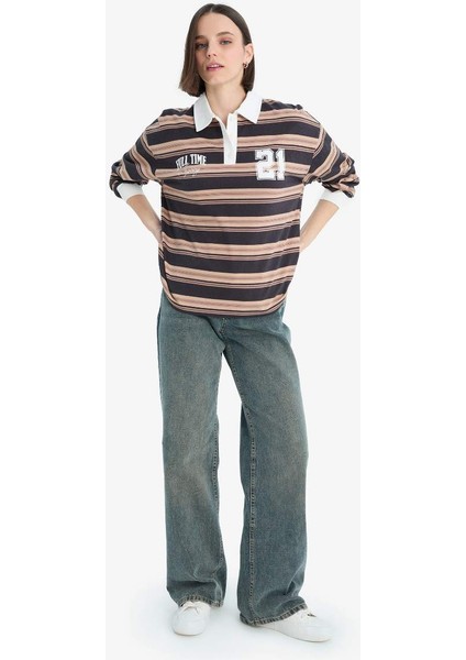 Yeni Sezon Coool Loose Fit Çizgili Polo Yaka Sweatshirt fiyatları