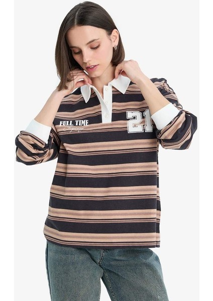 Yeni Sezon Coool Loose Fit Çizgili Polo Yaka Sweatshirt modelleri