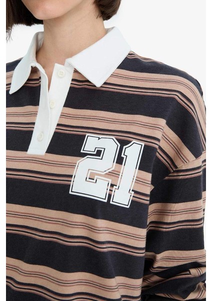 Yeni Sezon Coool Loose Fit Çizgili Polo Yaka Sweatshirt indirimleri