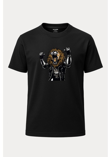 Metal Tarz Aslan Baskılı Loose Fit Bisiklet Yaka Unisex Tişört