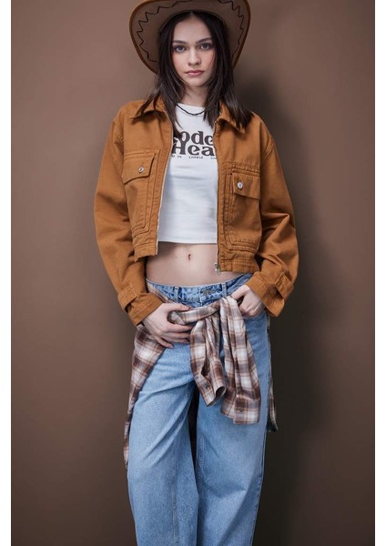 Yeni Sezon Coool Crop Dik Yaka Fermuarlı Cepli Gabardin Ceket