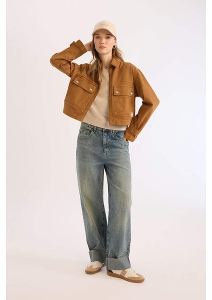 Yeni Sezon Coool Crop Dik Yaka Fermuarlı Cepli Gabardin Ceket fırsatları
