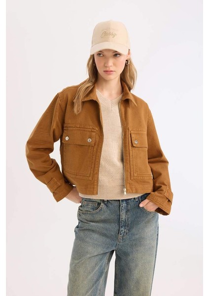 Yeni Sezon Coool Crop Dik Yaka Fermuarlı Cepli Gabardin Ceket indirimleri