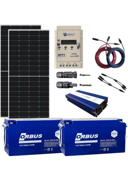 Güneş Enerjisi Bağ Evi Solar Paketi – 2000W Tam Inverter + 2x 340W Polikristal Güneş Paneli + 2x 12V 150AH Jel Akü