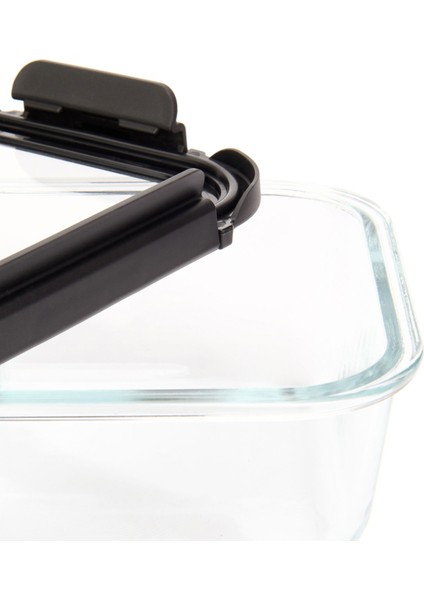 Kilitli Bölmeli Cam Saklama Kabı - Şeffaf / Siyah - 600 ml