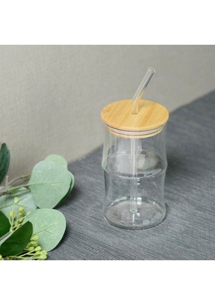 Bambu Kapaklı Pipetli Bardak - Açık Kahverengi / Şeffaf - 330 ml