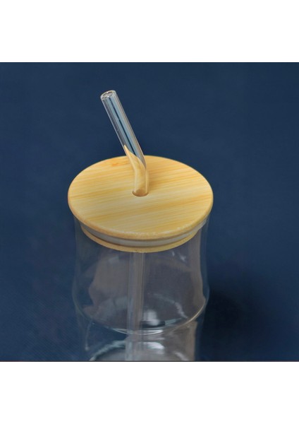 Bambu Kapaklı Pipetli Bardak - Açık Kahverengi / Şeffaf - 330 ml