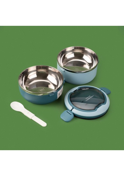 Yuvarlak 2 Katlı Çatal ve Kaşıklı Yemek Taşıma Kabı - Mavi - 850 ml