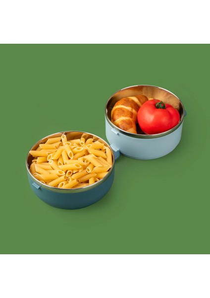 Yuvarlak 2 Katlı Çatal ve Kaşıklı Yemek Taşıma Kabı - Mavi - 850 ml