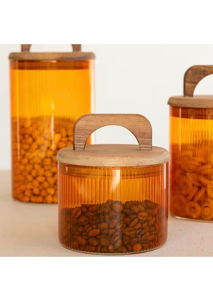 Mia Akasya Kulplu Cam Kavanoz - Amber - 350 ml