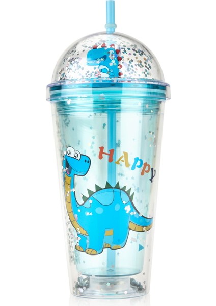 Polikarbon Çift Cidarlı Pipetli Dinozor Bardak - - 450 ml