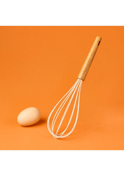 Ahşap Saplı Silikon Çırpıcı - Krem / Kahverengi - 24 cm