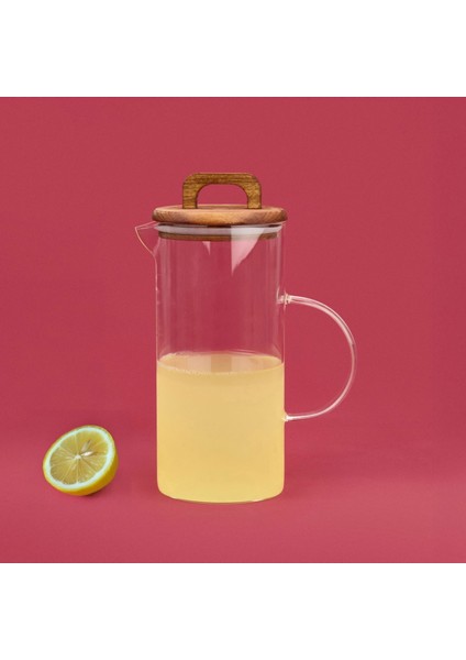 Akasya Kapaklı Cam Sürahi - Kahverengi / Şeffaf - 1300 ml