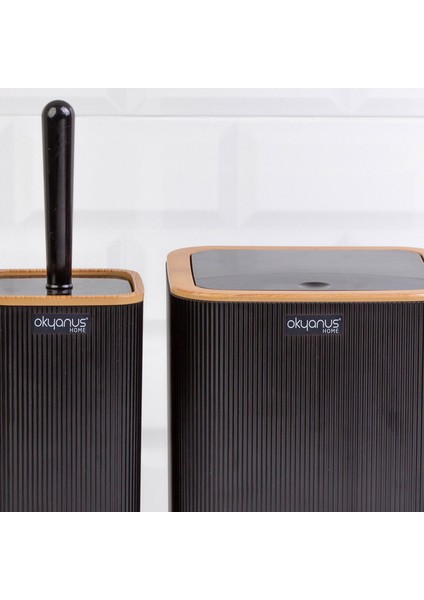 Home Çizgili 2'li Ahşap Desenli Banyo Aksesuar Seti - Siyah modelleri