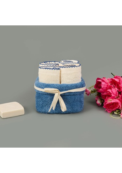 Lina 4'lü Havlu Seti - Ekru / Mavi - 30X40 cm