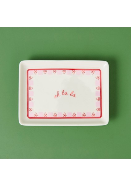 Love Servis Tabağı - Pembe / Beyaz - 13X18 cm