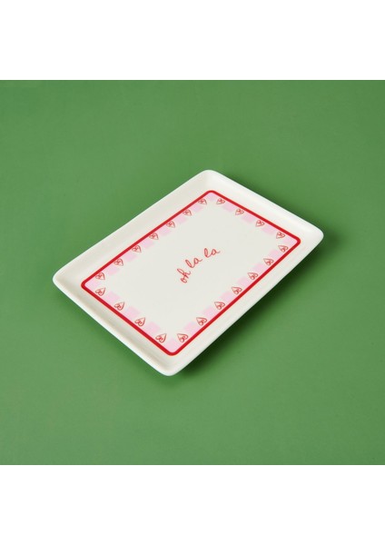 Love Servis Tabağı - Pembe / Beyaz - 13X18 cm