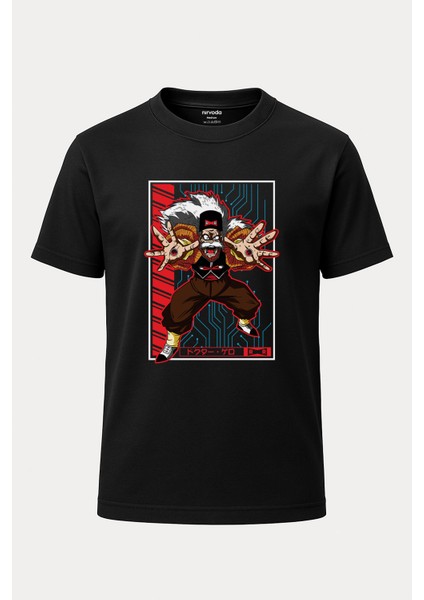 Doctor Gero Dragon Ball Baskılı Loose Fit Bisiklet Yaka Unisex Tişört Siyah