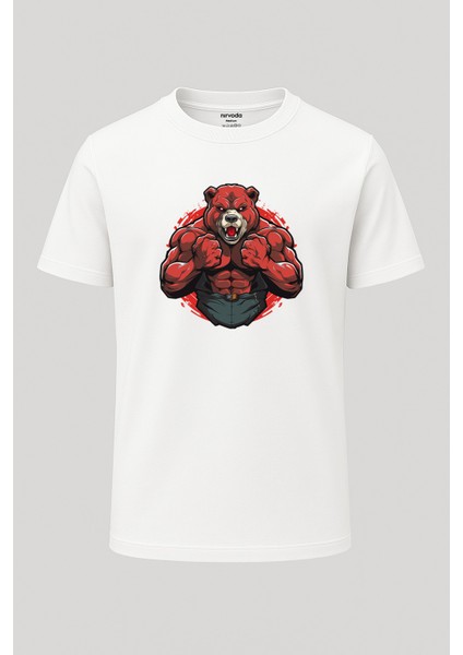 Bodybuilder Kırmızı Ayı Baskılı Loose Fit Bisiklet Yaka Unisex Tişört