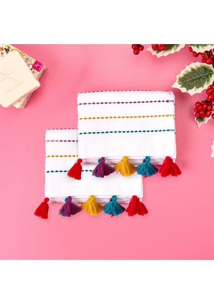 Püsküllü 2'li Havlu Seti - Beyaz / Renkli - 30X30 cm