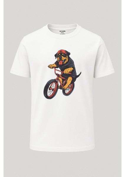 Bisikletli Rottweiler Baskılı Loose Fit Bisiklet Yaka Unisex Tişört