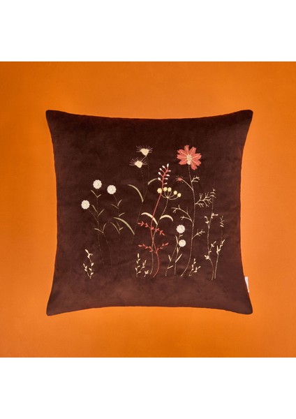Flora Kadife Kırlent - Kahverengi - 43X43 cm